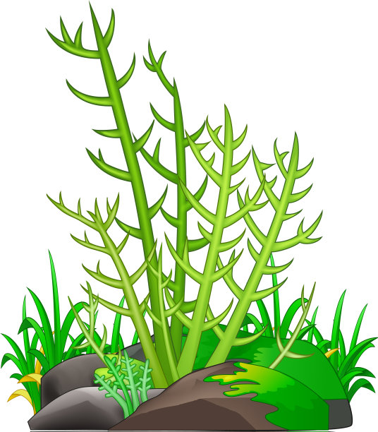 绿色的树在灰色的岩石卡通图片下载