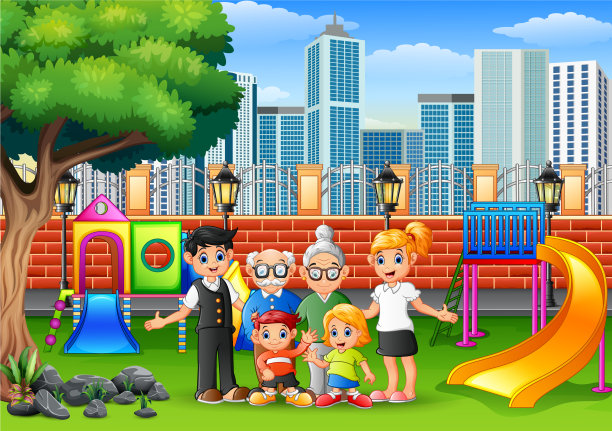 快乐的家庭成员在城市公园图片下载