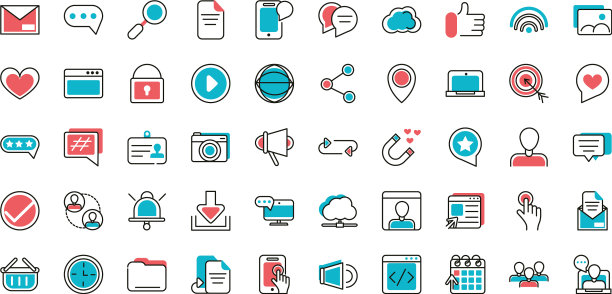 社交媒体图标设置线条和填充图片下载