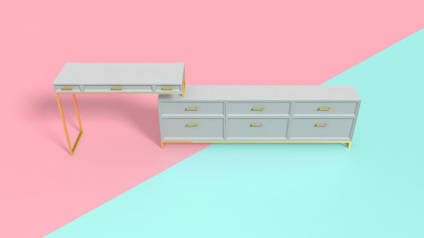 室内白色木制家具与金色的立场在两种颜色的背景3d渲染图片下载