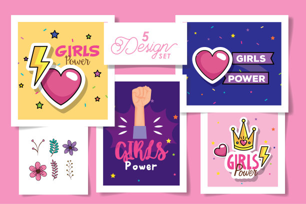设置五个设计女孩权力卡与图片下载