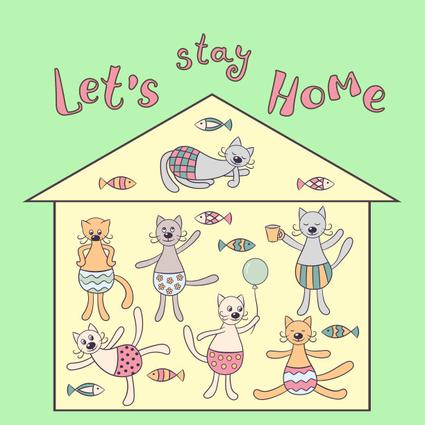 呆在家里。手绘家庭的有趣可爱的猫在他们的家孤立图片下载