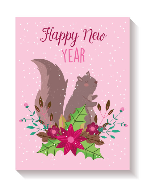 松鼠一品红花新年快乐图片下载