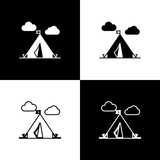 设置旅游帐篷旗帜图标孤立在黑色图片下载