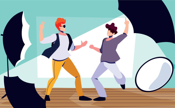 男人们在照相馆拿着相机摆姿势图片下载