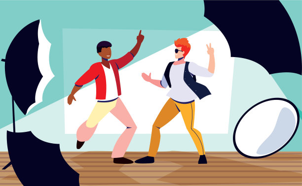 男人们在照相馆拿着相机摆姿势图片下载