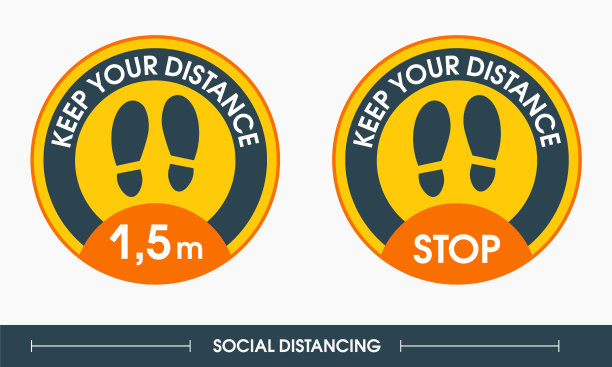社会距离。两个带有文字的黄色标志保持1.5米的距离，以避免冠状病毒的传播。预防新型冠状病毒感染。人多的公共场所的贴纸图片下载