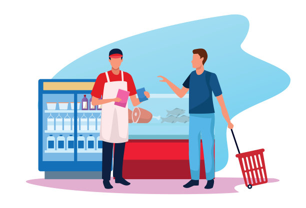 男人和工人在超市肉类区图片下载