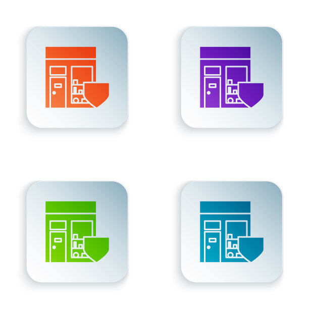 彩色购物建筑与盾牌图标隔离图片下载