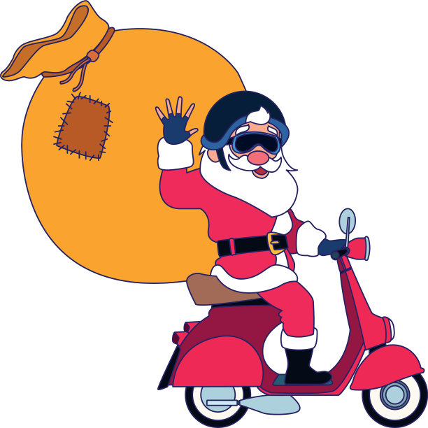 卡通圣诞老人与大袋子上的摩托车图片下载