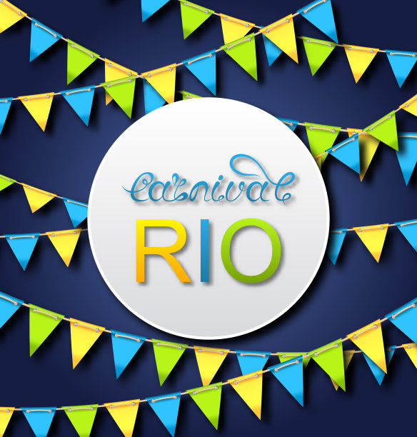 巴西狂欢节海报，里约热内卢派对卡片，Bunting三角旗背景图片下载