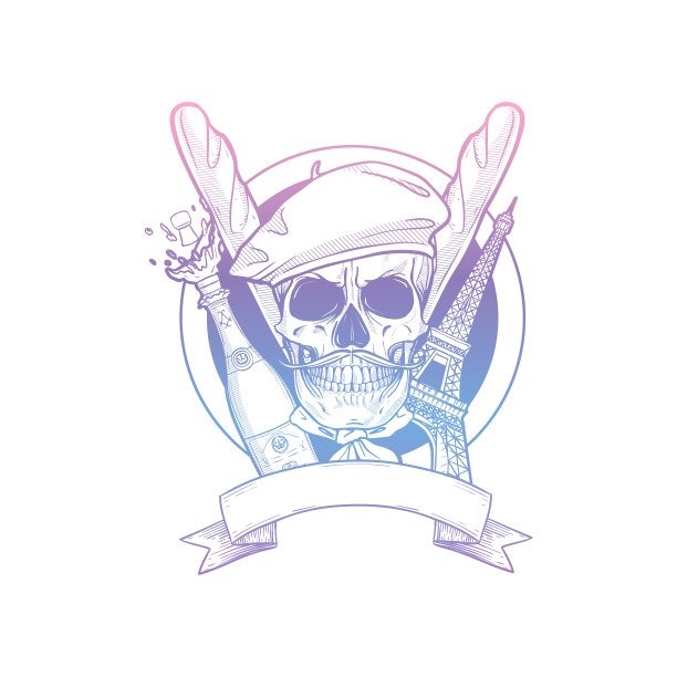 带贝雷帽的法国头骨素描图片下载