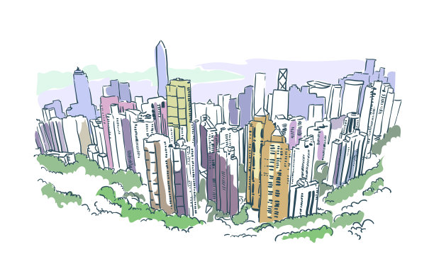 香港摩天大楼素描水彩画图片下载