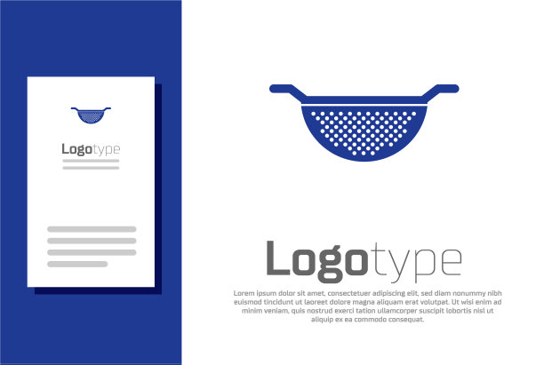 蓝色厨房滤锅图标孤立在白色上图片下载