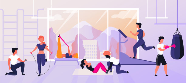 在健身房锻炼，卡通人物在做运动图片下载