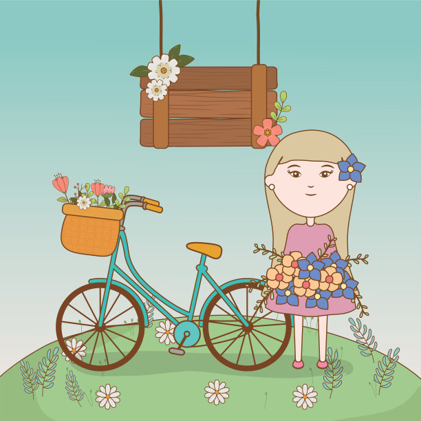 女孩拿着花束和装满篮子的自行车图片下载