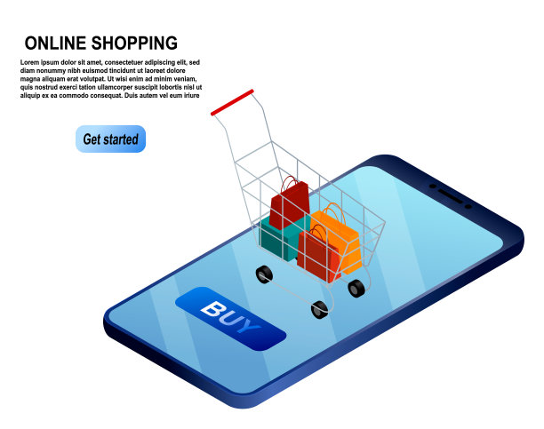 等距智能手机网上购物概念。在线商店。图片下载