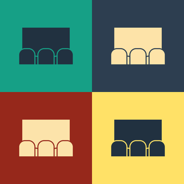 彩色电影院礼堂与屏幕和座位图标图片下载