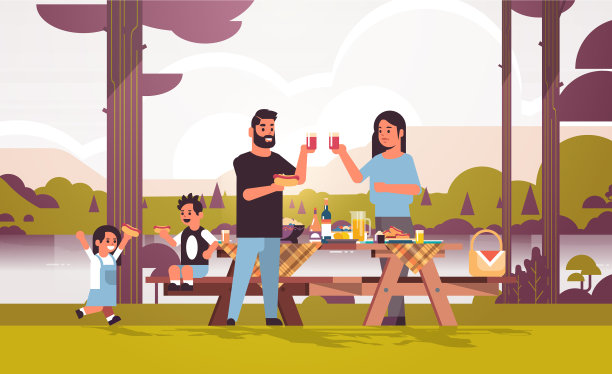 快乐的父母和孩子们吃着热狗图片下载