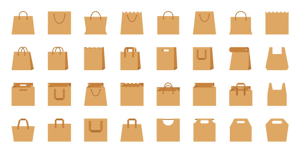 购物袋纸工艺环保包装平面图标设置图片下载