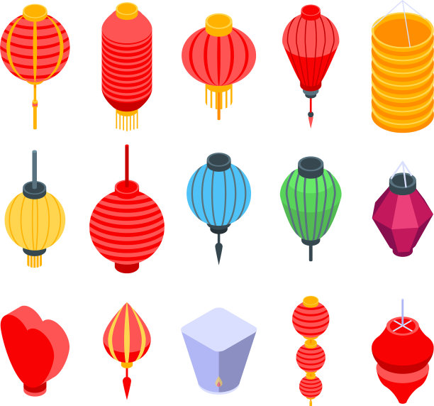 中国灯笼图标设置等距风格图片下载