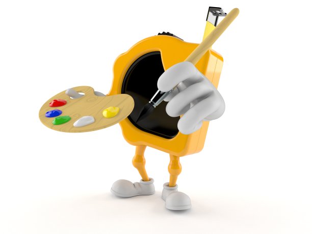 测量卷尺字符持有油漆刷和油漆调色板图片下载