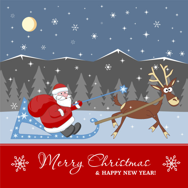 圣诞老人带着大袋子的礼物坐在雪橇上图片下载