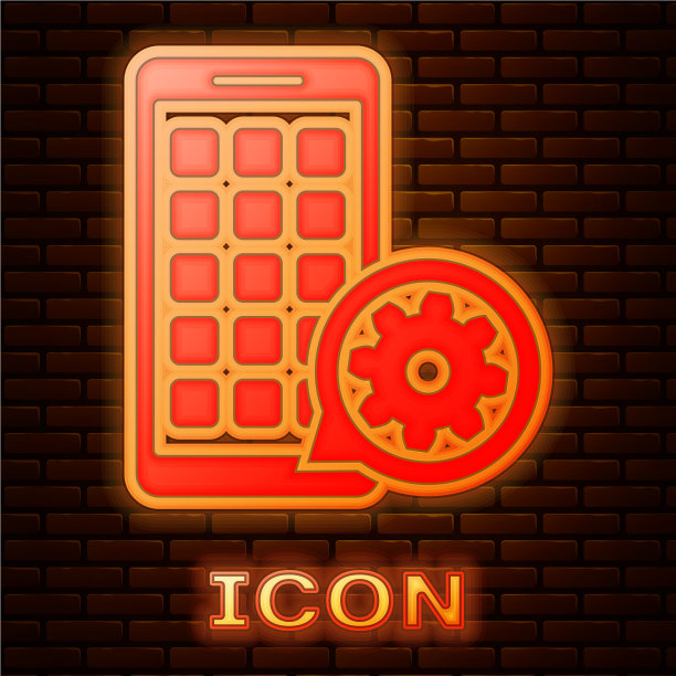 发光的霓虹灯移动应用和齿轮图标孤立图片下载