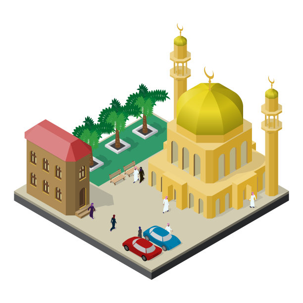城市生活在等距观清真寺与尖塔图片下载