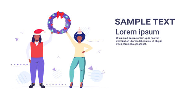 新婚夫妇戴着圣诞老人的帽子，手持花环图片下载