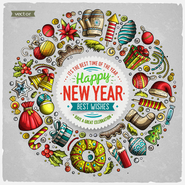 设置新年卡通涂鸦对象圆形框架图片下载