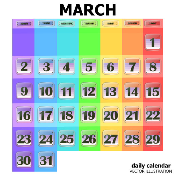 彩色日历2020年3月在英语设置图片下载