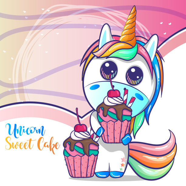 可爱的独角兽与甜蛋糕卡通图片下载