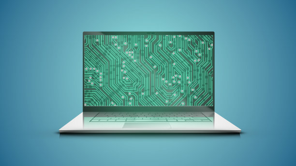 现实的笔记本电脑与绿色电路地图图片下载