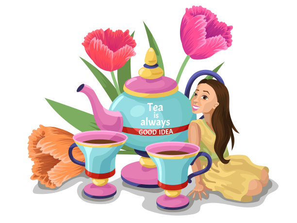 茶具，茶壶和茶杯，茶女坐在那里图片下载