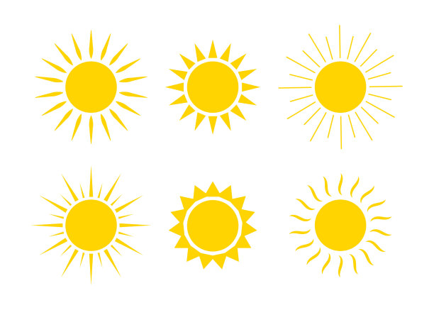 太阳标志。日出，日落与日出的图标。孩子们可爱的阳光图画。春天快乐，夏天早晨快乐。黄色和橙色的卡通图形。收集太阳的剪影。向量。图片下载