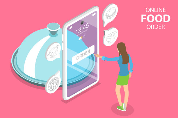三维等距平面矢量概念的餐厅和咖啡馆在线点餐App。图片下载