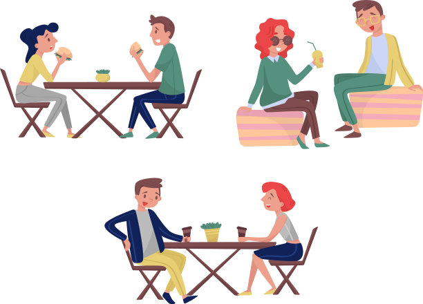 年轻人坐在街边的咖啡馆里吃着食物图片下载