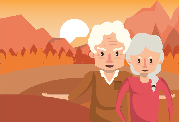 可爱的祖父母夫妇情侣在日落图片下载