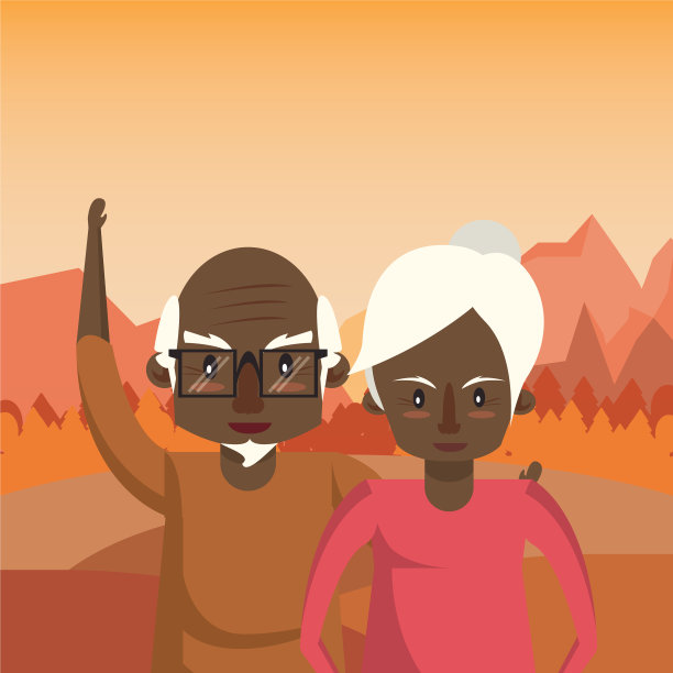 非洲裔的祖父母夫妇在夕阳下相爱图片下载