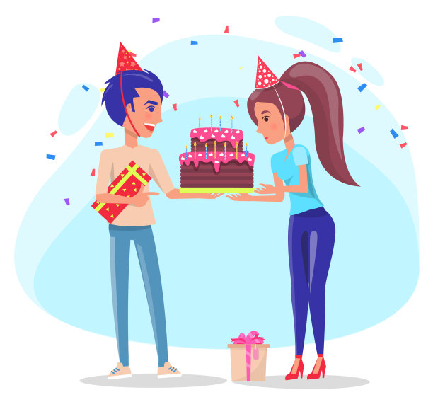 夫妇与蛋糕和礼物盒假日图片下载