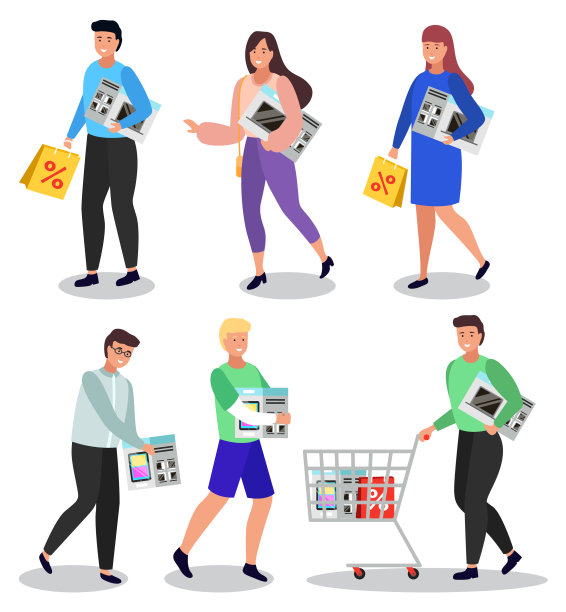 购物的人与电子产品和购物车设置图片下载