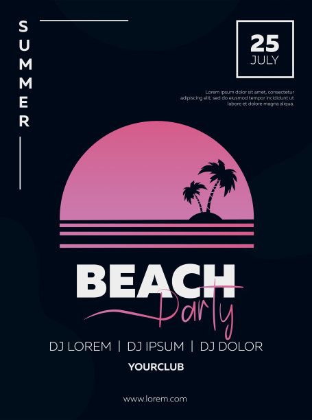 矢量插图，横幅，海报，传单，灵感来自80年代的迪斯科音乐，3d背景，霓虹灯，夏日派对日落。夜总会，音乐，海滩，棕榈树插图图片下载