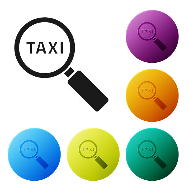 黑色放大镜和出租车图标孤立图片下载