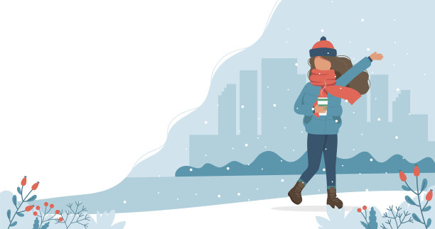 女孩在冬天拿着咖啡杯玩雪图片下载