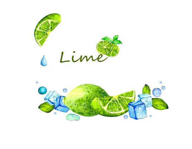 用新鲜的薄荷叶、冰块和酸橙拼贴在白色的背景上。以自然和软饮料为主题的水彩插画设计。图片下载