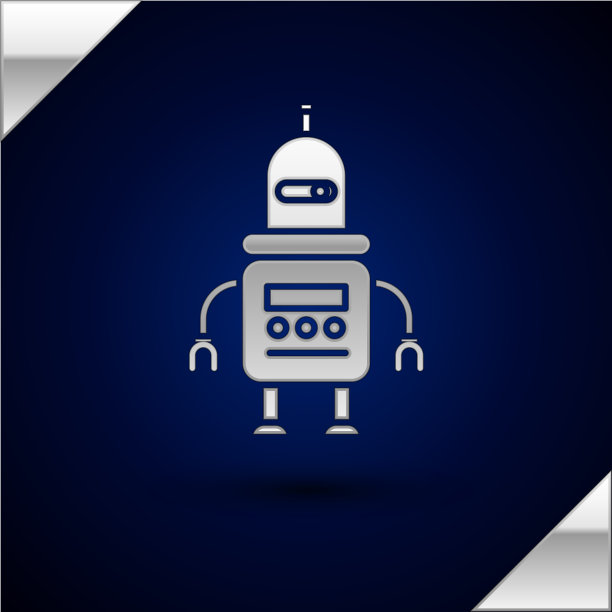 银色机器人图标孤立在深蓝色背景上图片下载