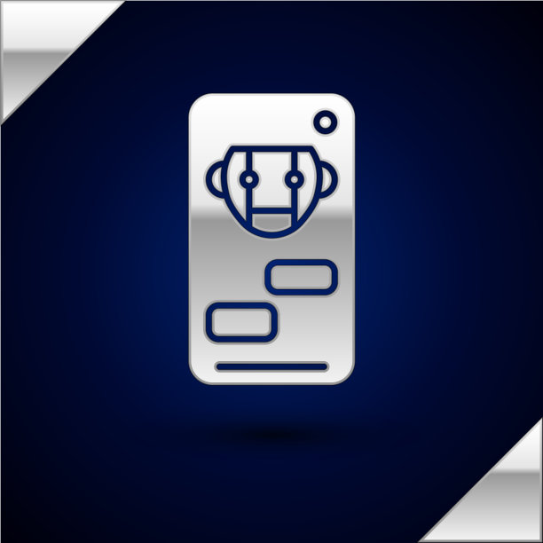 银色机器人图标孤立在深蓝色背景上图片下载