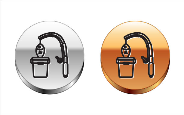 黑线鱼竿和鱼的图标隔离图片下载