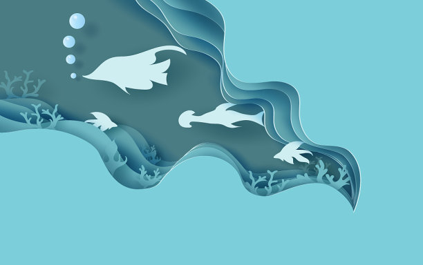 3d纸艺术水下清澈的海水与图片下载